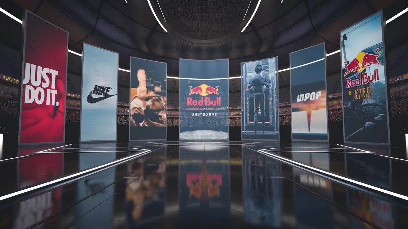 Immersive digital arena featuring Nike and Red Bull branding panels